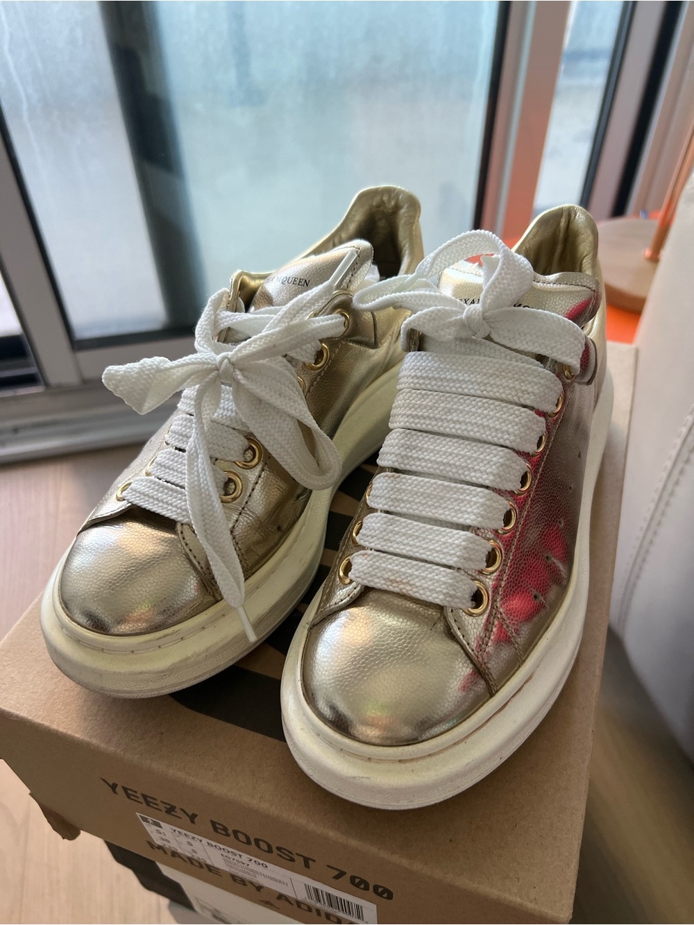 Alexander McQueen Metallic Gold Low-Top Sneakers with White Laces